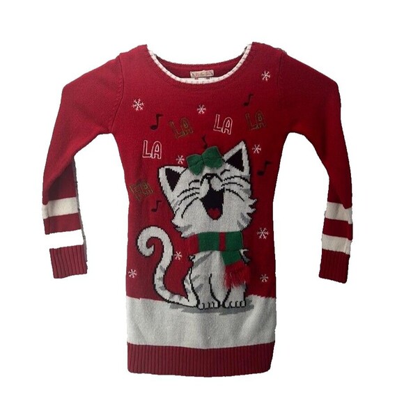 K’s Our Time Red xmas sweater Dress With Cat Size Small - Picture 1 of 10